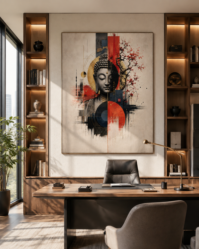Lienzo de Buda zen en salón luminoso con sofá beige y libros de diseño