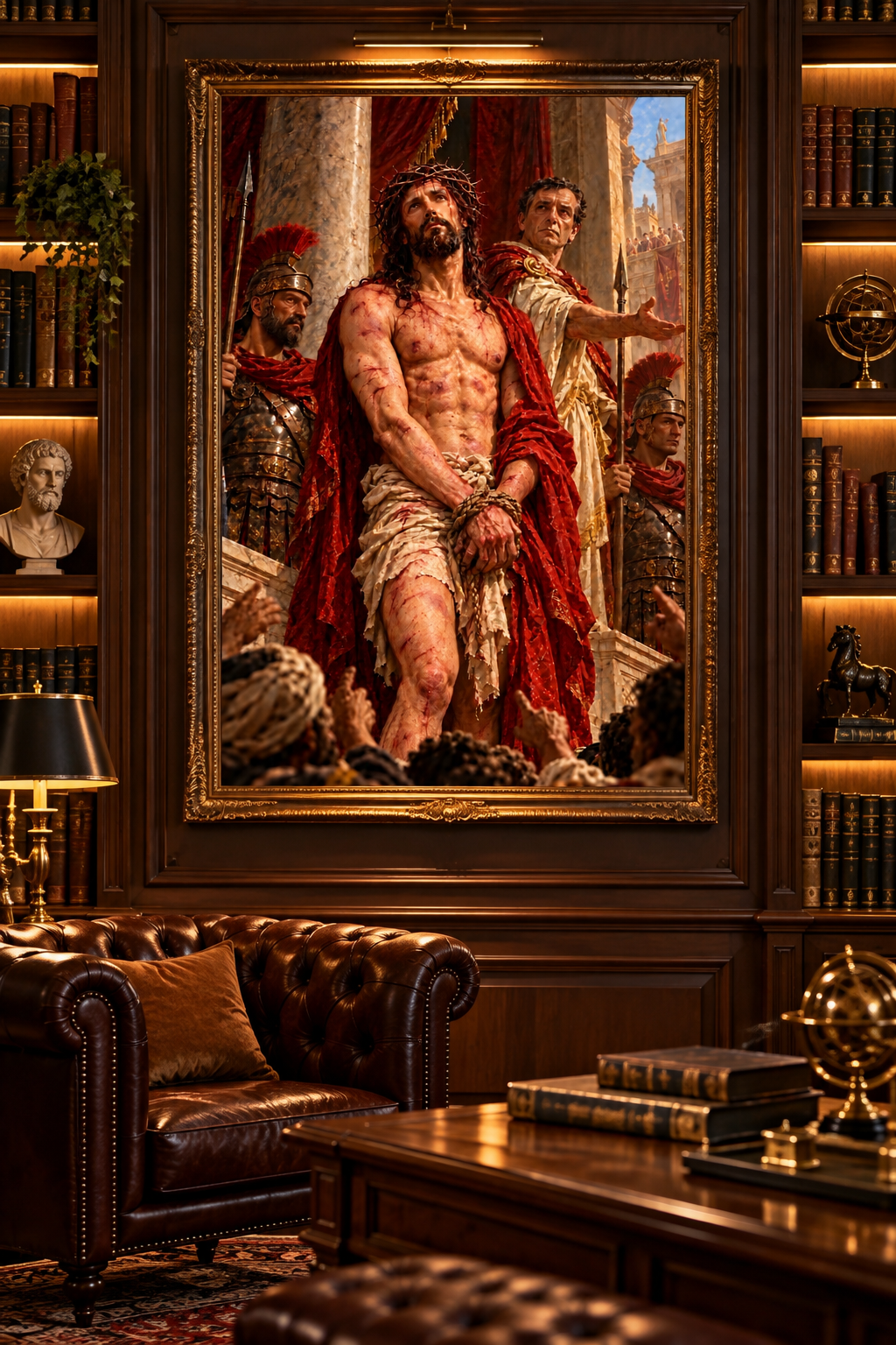 Lienzo del Ecce Homo, mostrado con marco en un despacho con biblioteca, sofá Chesterfield y escritorio