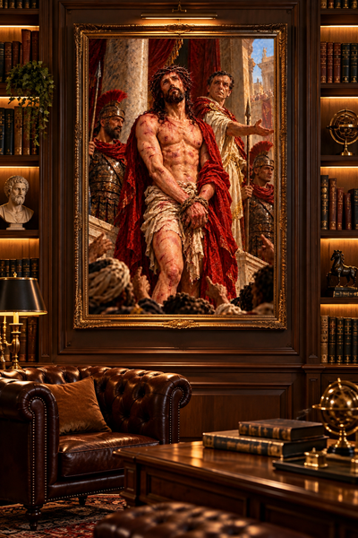 Lienzo del Ecce Homo, mostrado con marco en un despacho con biblioteca, sofá Chesterfield y escritorio