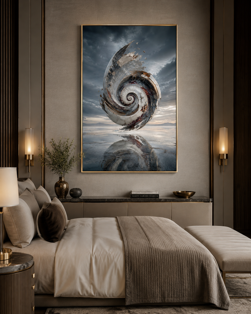 Lienzo abstracto surrealista en despacho oscuro con estantería de madera