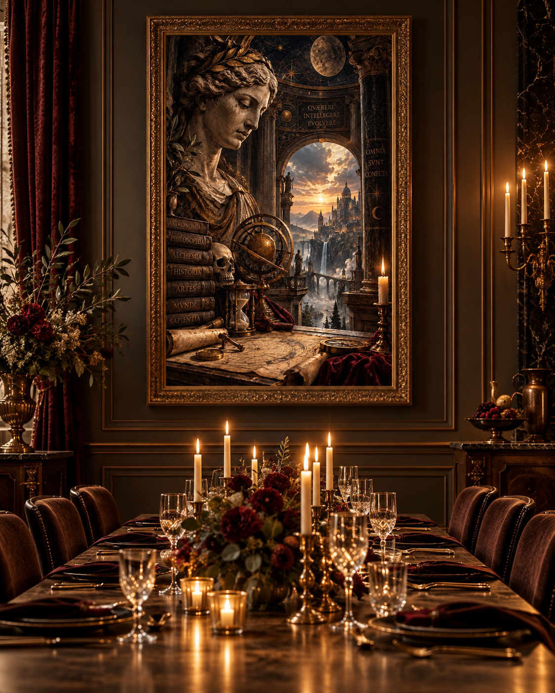 Lienzo de sabiduría clásica con busto y ventana a una ciudad antigua, sobre un comedor con candelabros y velas