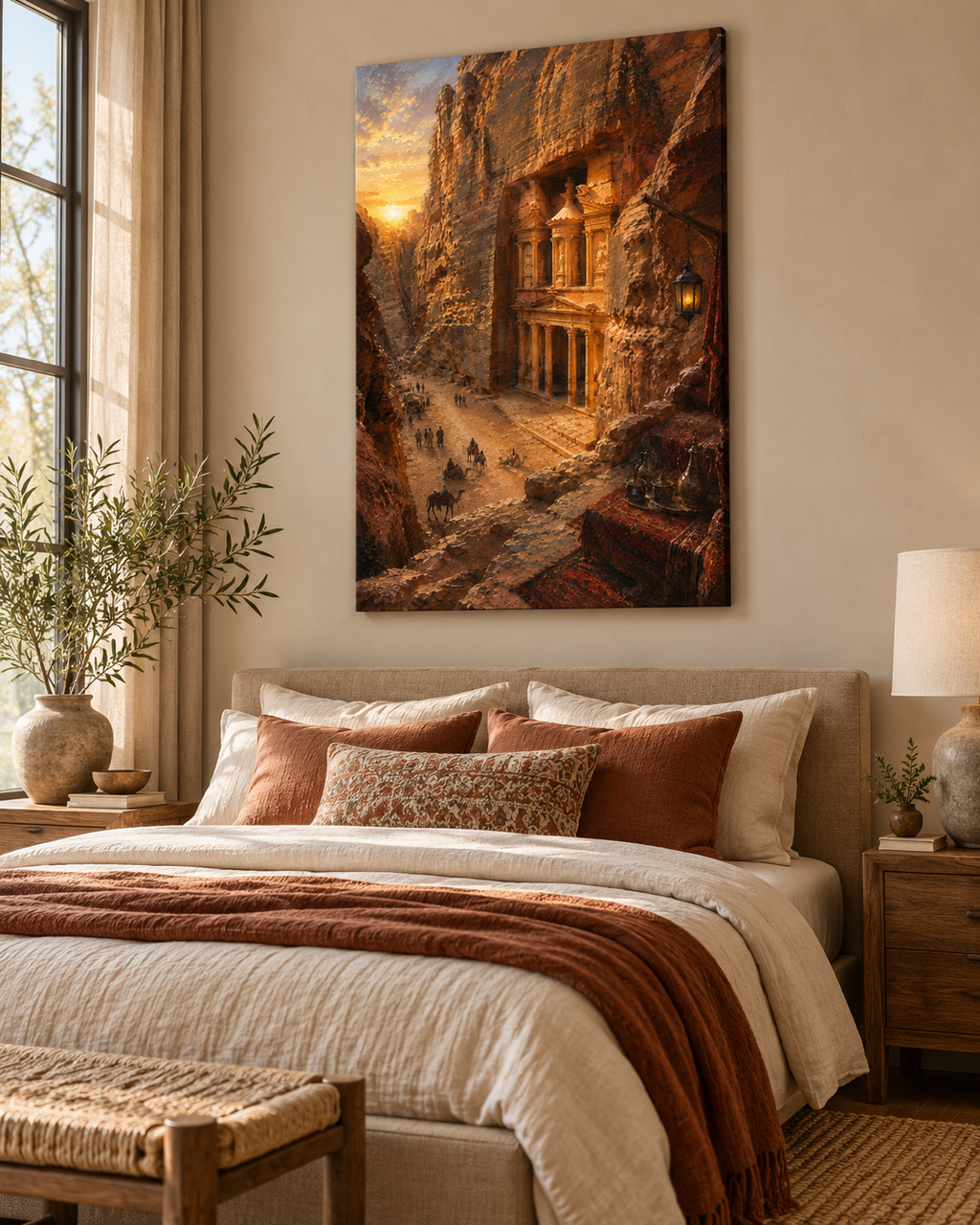 Cuadro de Petra (Jordania) al atardecer sobre la cama de un dormitorio en tonos crema y terracota