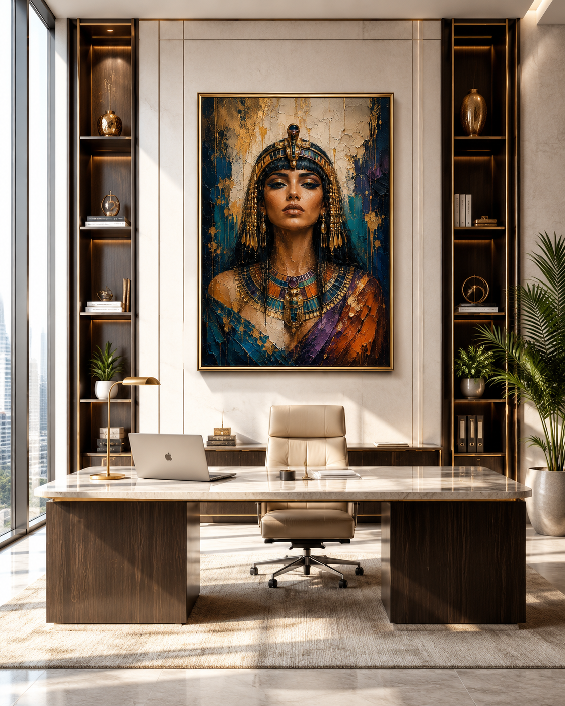 Lienzo de Cleopatra en despacho ejecutivo con escritorio de mármol y vistas a la ciudad