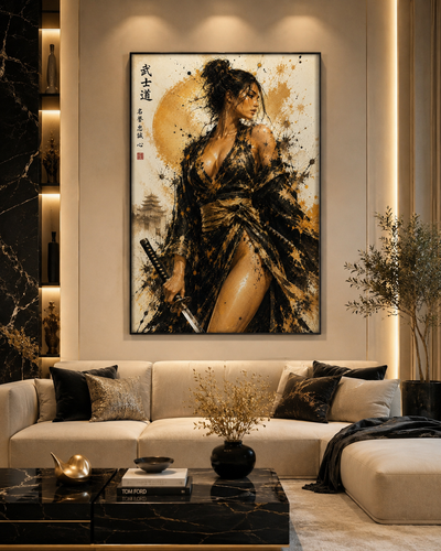 Arte de pared de guerrera japonesa elegante en negro y oro
