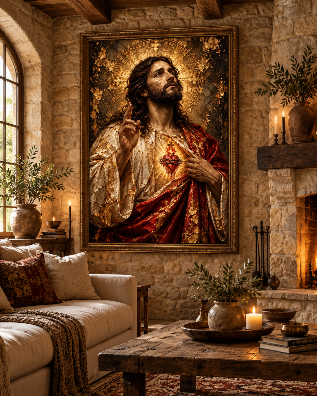 Jesucristo Sagrado Corazón | Lienzo Religioso con Pan de Oro