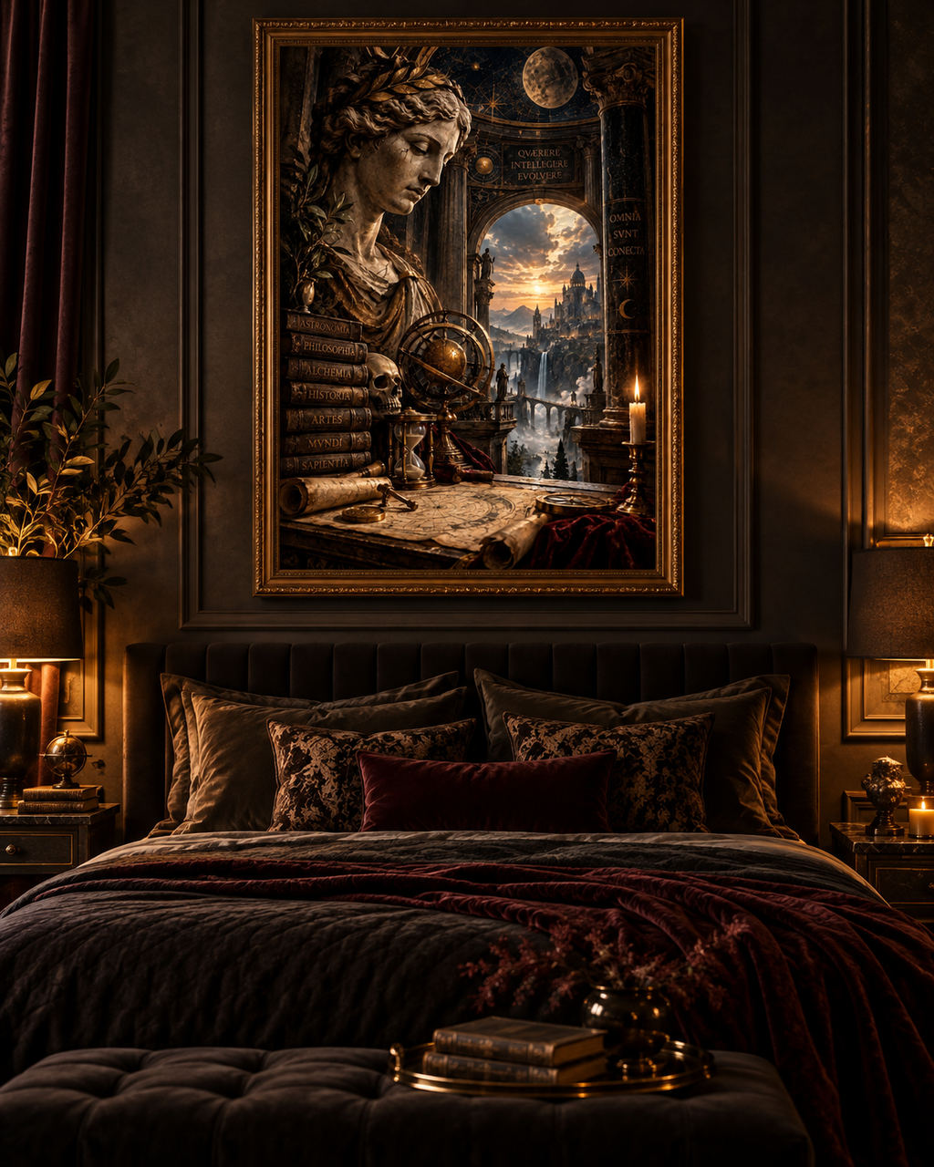 Cuadro de busto clásico con libros y luna llena sobre la cama de un dormitorio oscuro en tonos burdeos