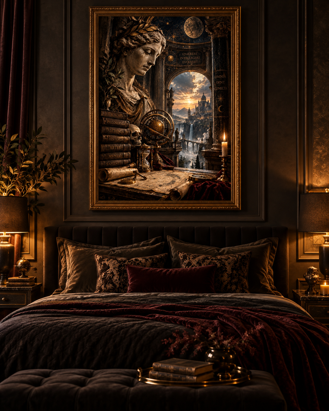 Cuadro de busto clásico con libros y luna llena sobre la cama de un dormitorio oscuro en tonos burdeos