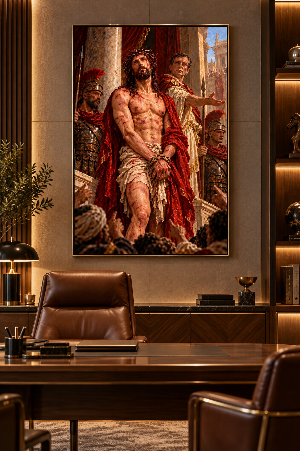Lienzo del Ecce Homo en un despacho clásico con escritorio de madera, sillón de cuero y lámpara de latón