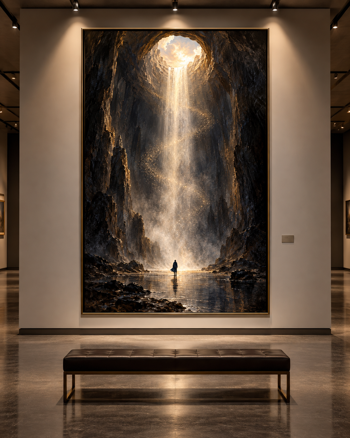 Lienzo de cascada sagrada iluminada expuesto en una galería de paredes claras con banco de cuero y focos