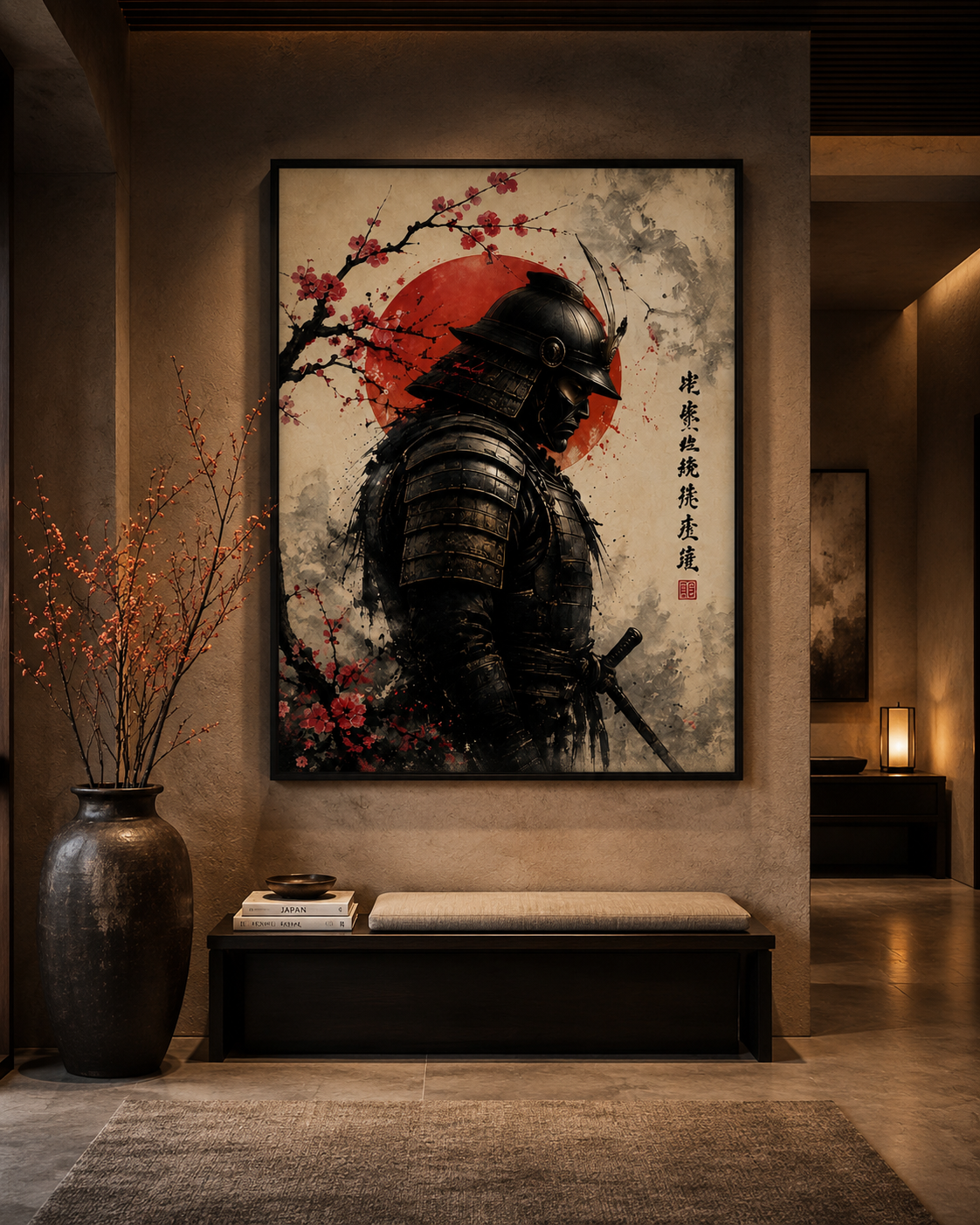 Lienzo de samurái Guardián del Sol Rojo sobre pared de dormitorio