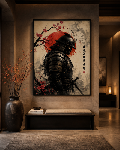 Lienzo de samurái Guardián del Sol Rojo sobre pared de dormitorio