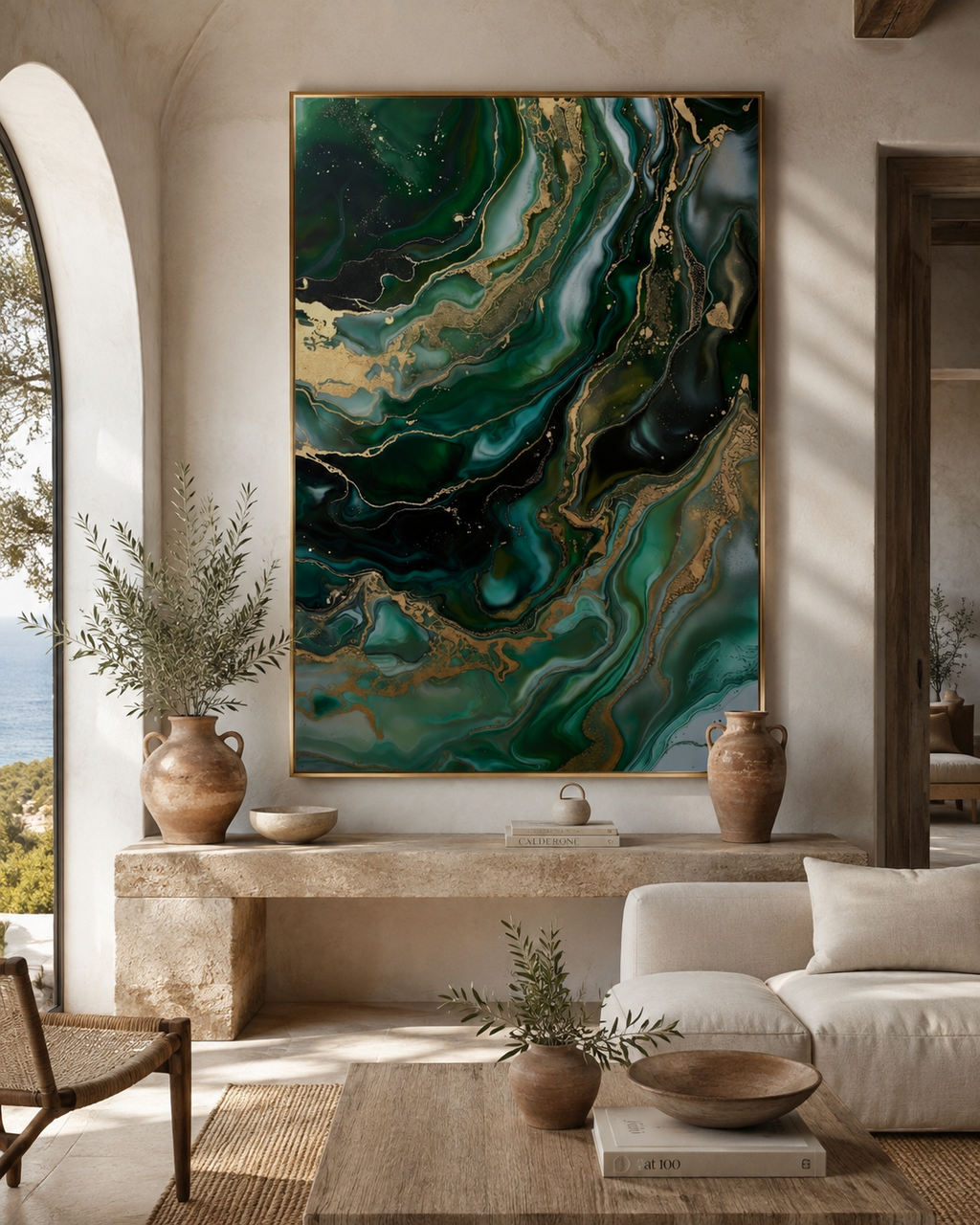 Lienzo abstracto elegante en verde y dorado