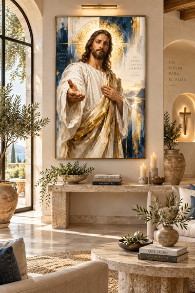 Cuadro religioso moderno de Jesús en un salón mediterráneo con arcos, consola de piedra, olivos y velas