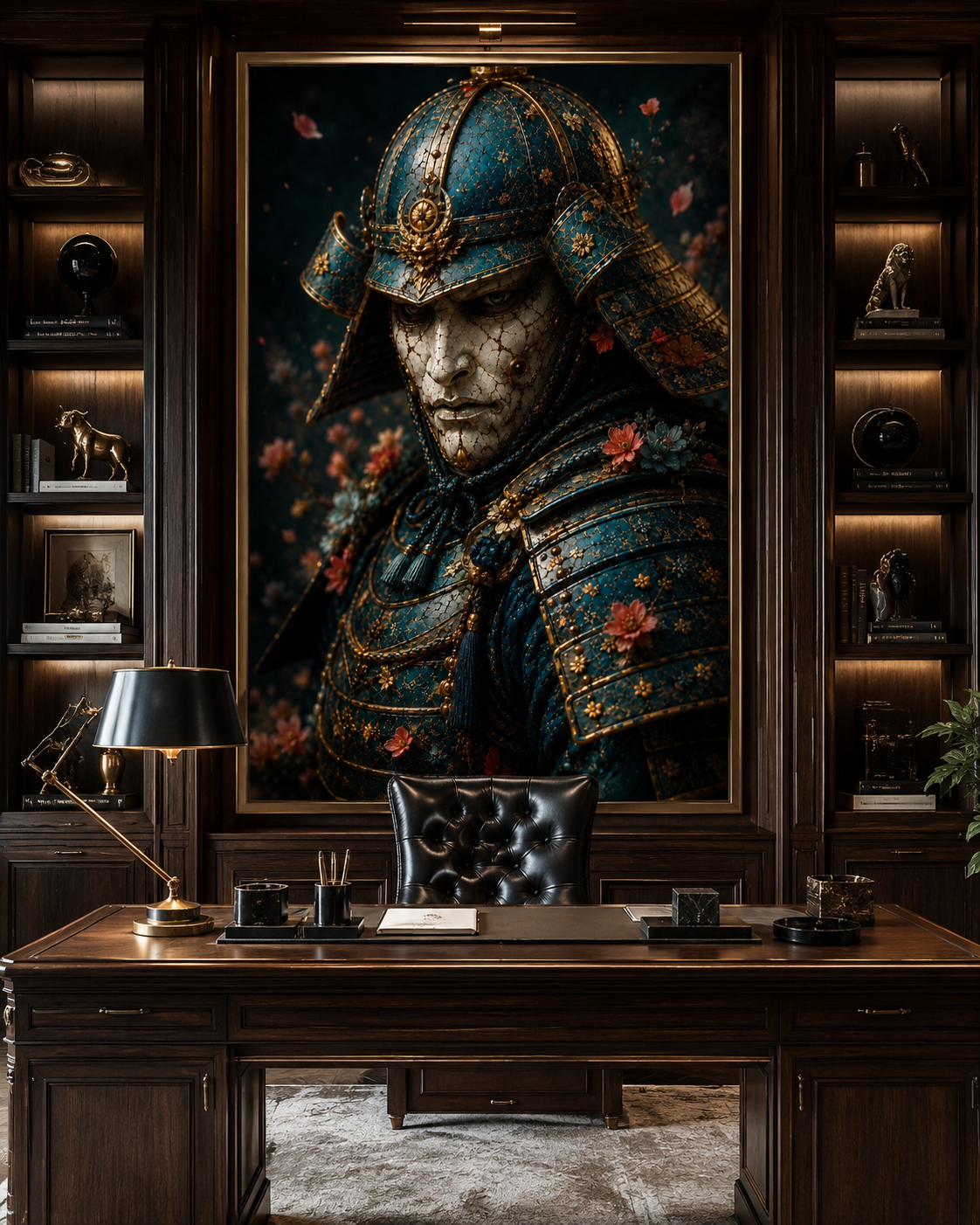 Guerrero samurái con armadura azul y oro | arte de pared