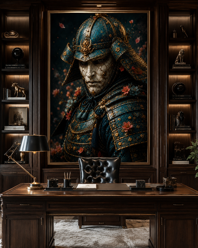 Guerrero samurái con armadura azul y oro | arte de pared
