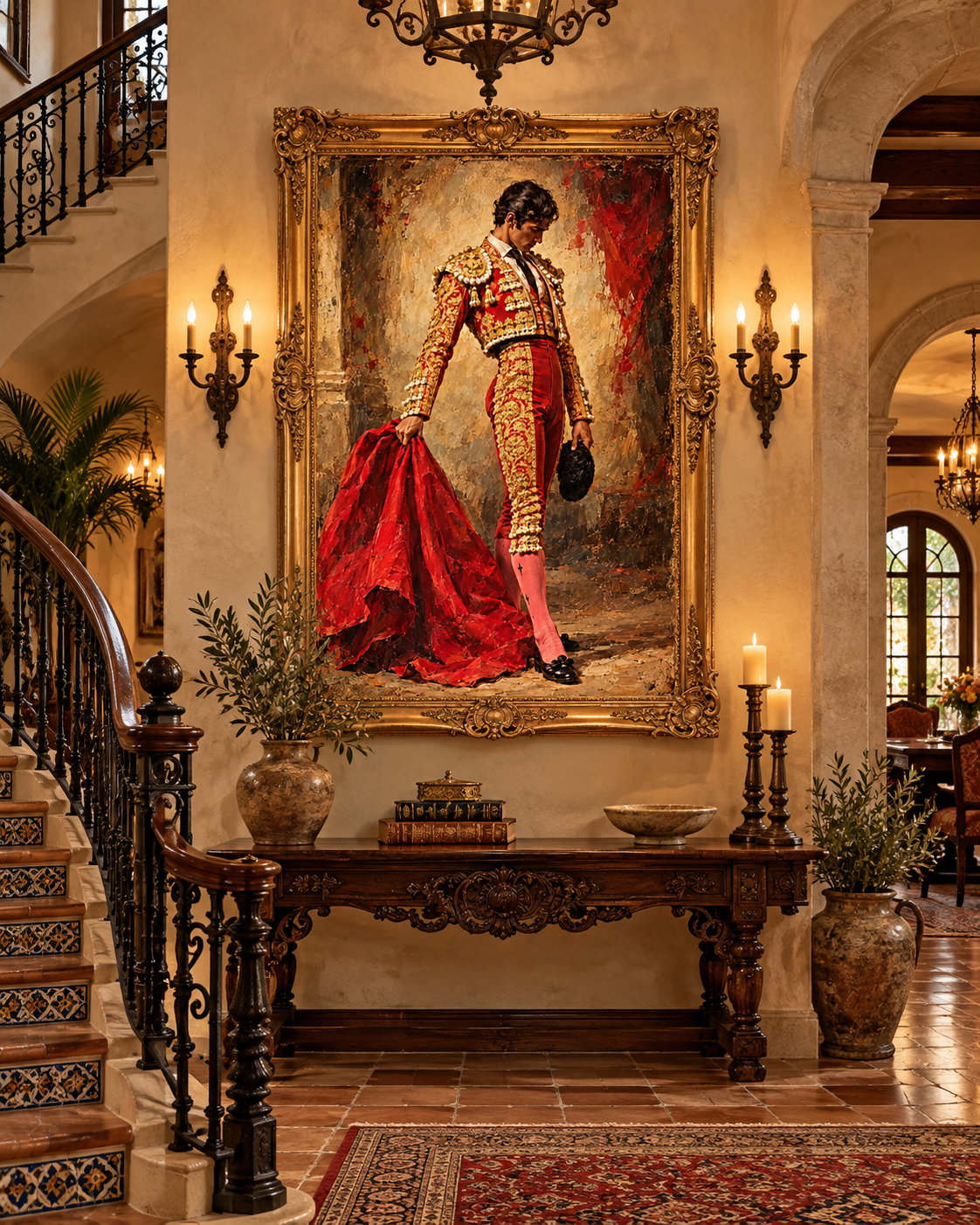 Lienzo El Torero con marco dorado en el recibidor de una casa andaluza con escalera de forja, consola de madera y velas