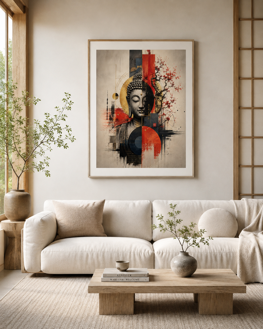 Lienzo impreso de Buda oriental en dormitorio con cabecero beige
