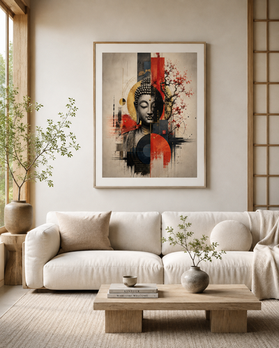 Lienzo impreso de Buda oriental en dormitorio con cabecero beige