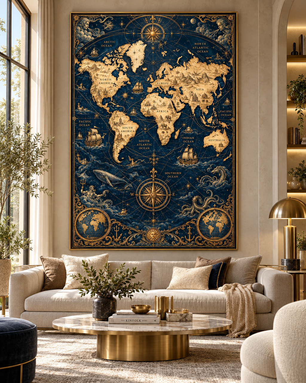 Lienzo de mapa mundi azul y oro en un salón luminoso con sofá blanco, cojines oscuros y mesa dorada