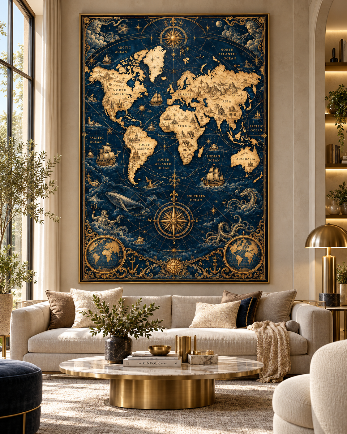 Lienzo de mapa mundi azul y oro en un salón luminoso con sofá blanco, cojines oscuros y mesa dorada