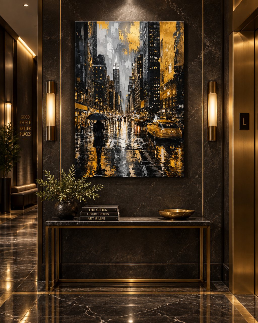Nueva York Bajo la Lluvia | Lienzo de Arte Urbano en Negro y Dorado