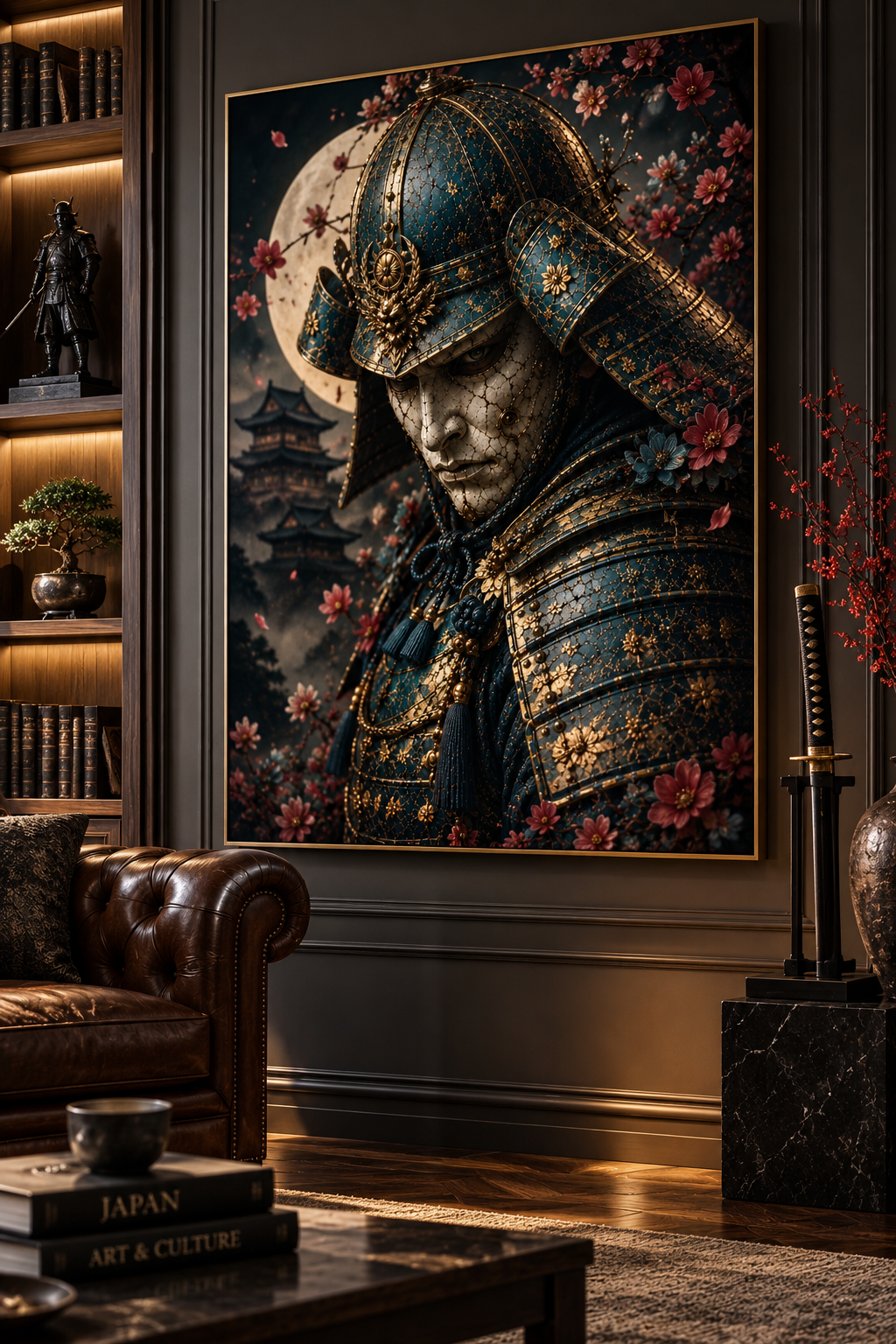 Blue and Gold Samurai with Cherry Blossoms | Japanese Canvas