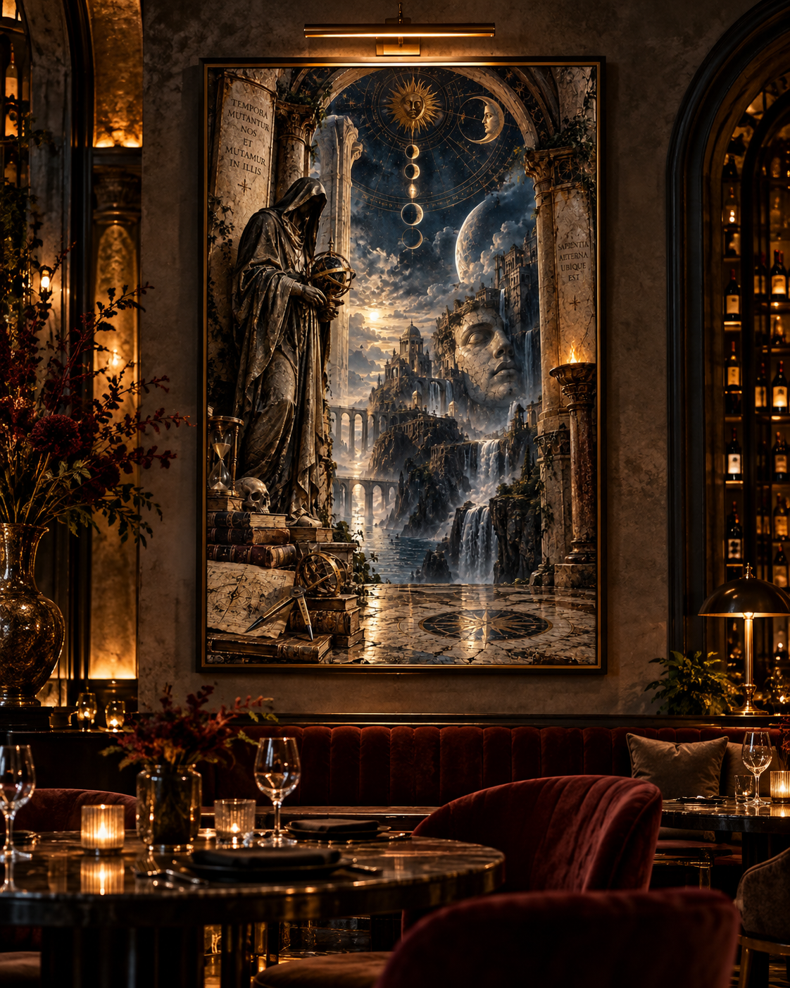 Lienzo El Guardián del Tiempo en un restaurante oscuro con butacas de terciopelo granate y velas