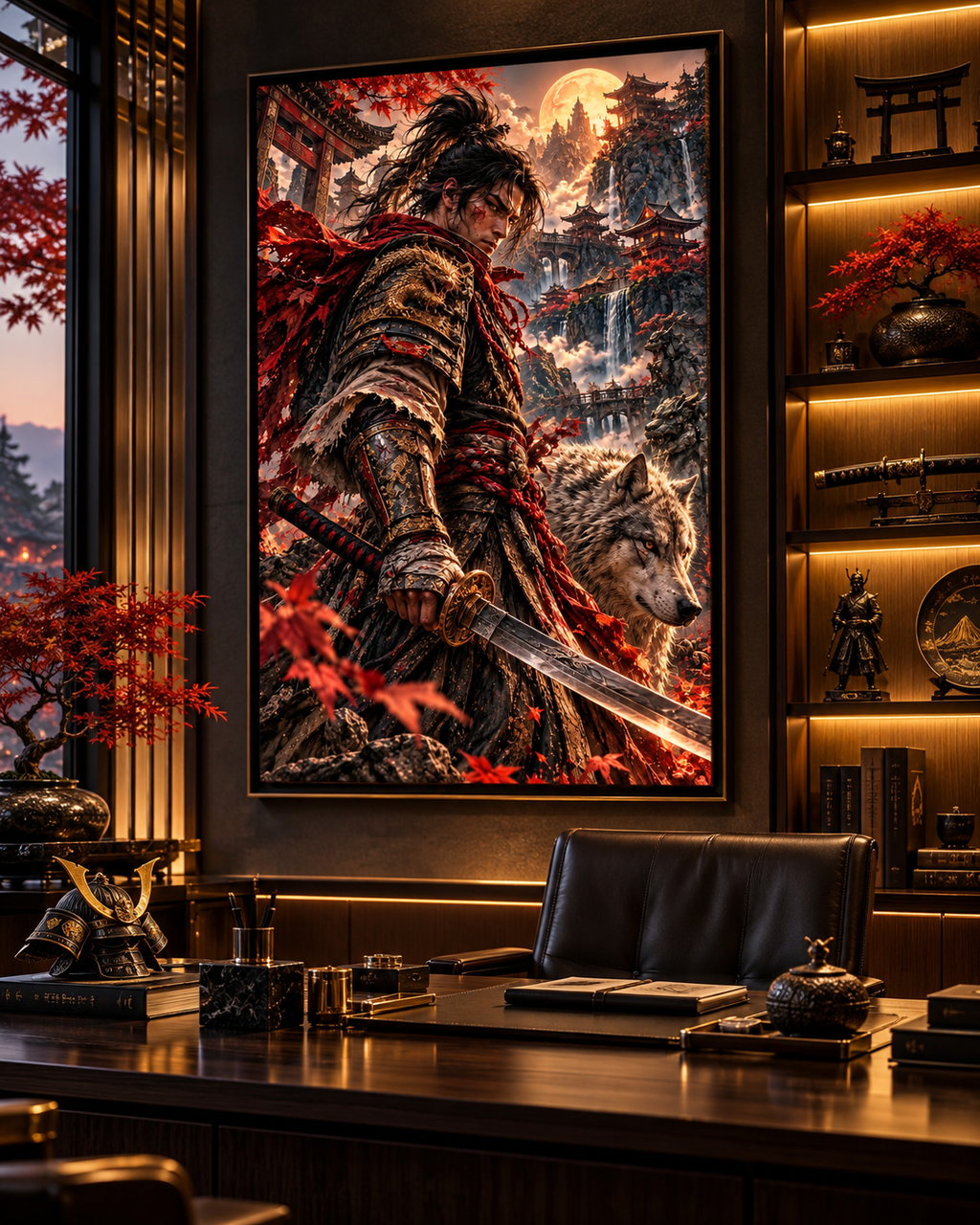 Lienzo Samurái y Lobo entre Arces Rojos, arte japonés impreso en algodón premium (vista 5 de 10)