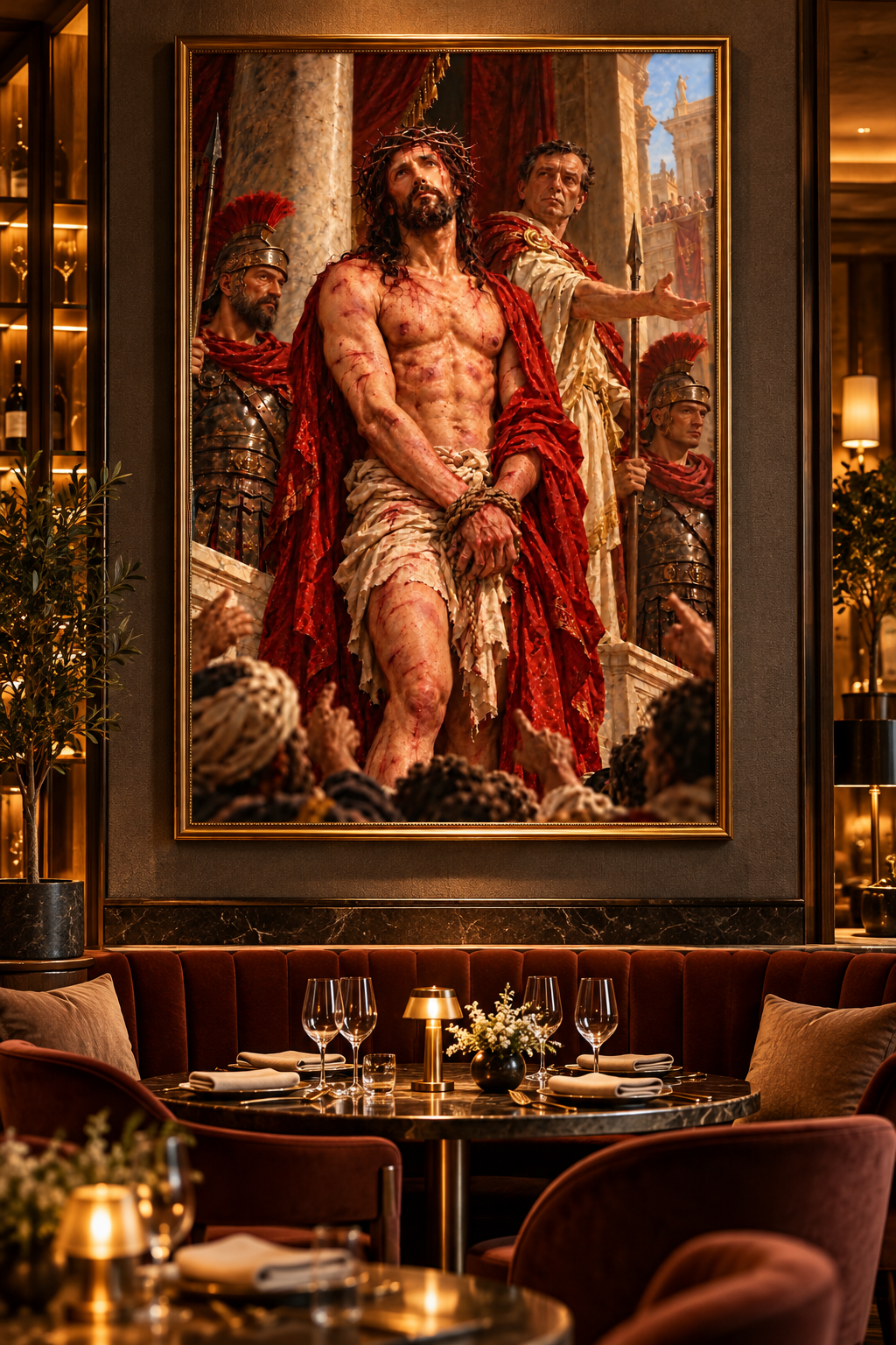 Cuadro religioso del Ecce Homo en un restaurante elegante con banquetas de terciopelo granate y copas